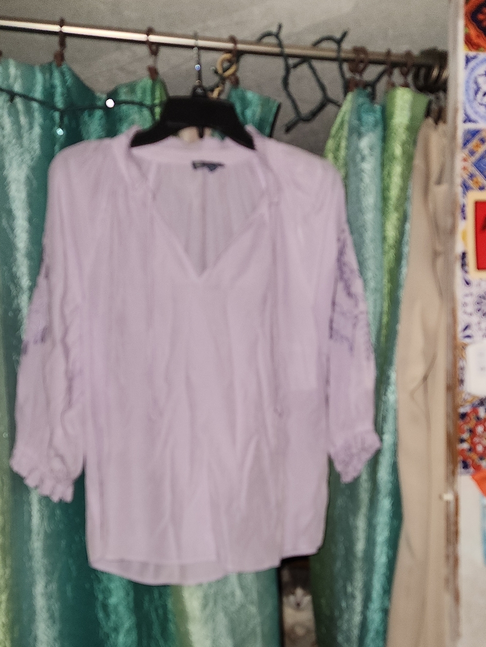 Democracy Light Lavender V-Neck Embroidered Sleeve Blouse